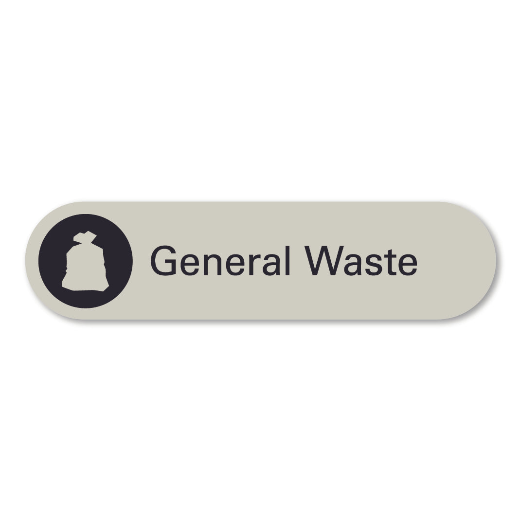 surfmist grey beige metal general waste recycling sign pill shaped