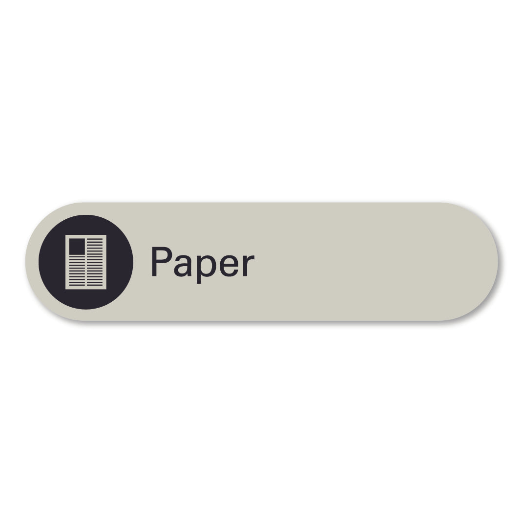 surfmist grey beige metal paper waste recycling sign pill shaped